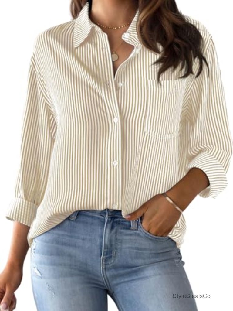 Wrinkle-Resistant Striped Button-Down Blouse - Business Casual Cotton Blend